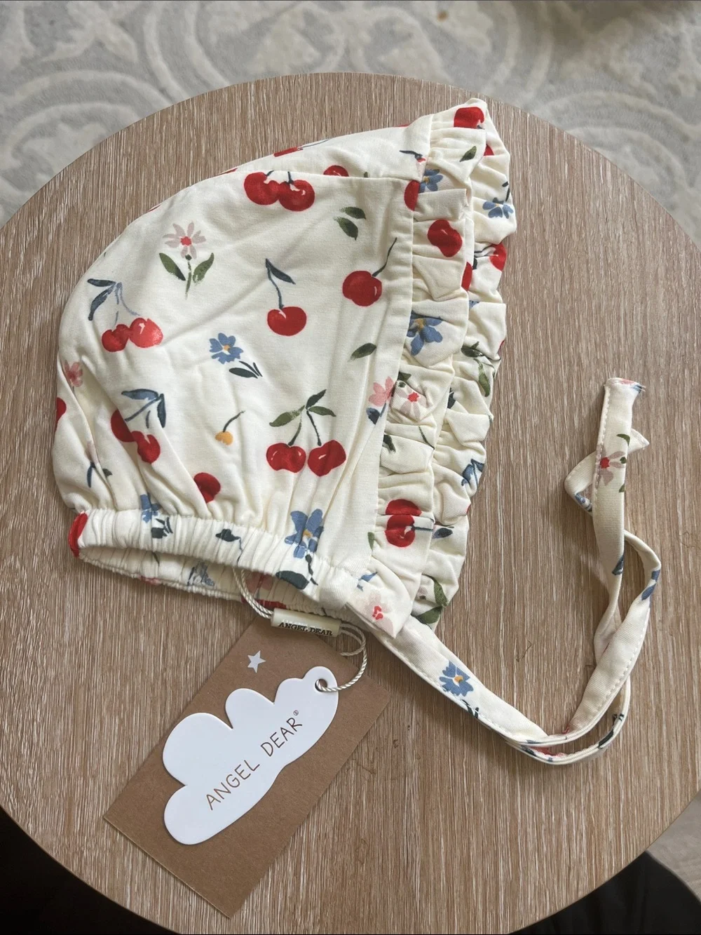 Angel Dear Cream Cherry & Floral Ruffle Bonnet NWT